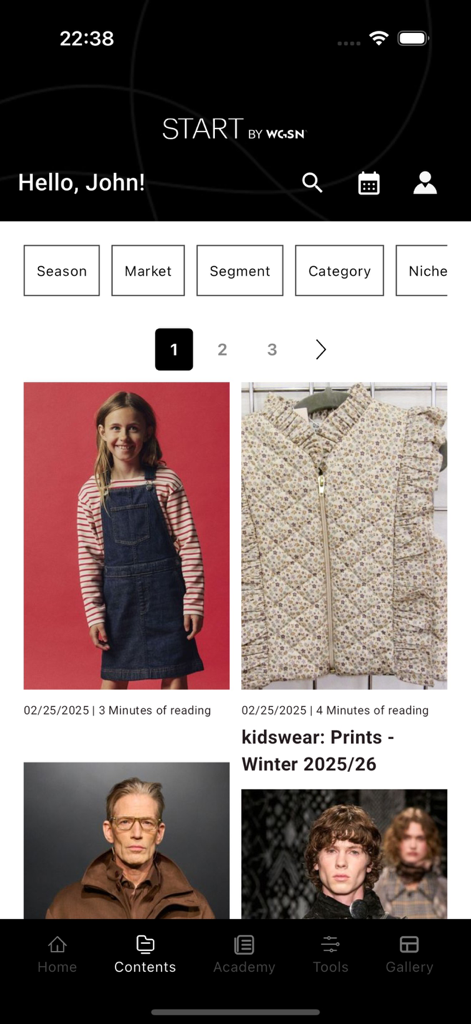 START by WGSN - Mobile app interface of START by WGSN showing fashion trend reports and kidswear collections