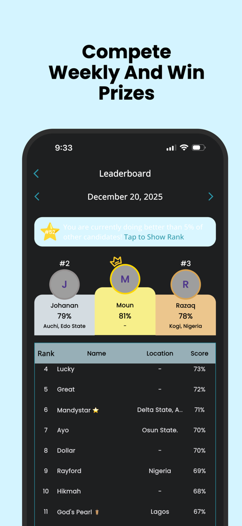 FlashLearners: Study & CBT - A mobile screen showing the FlashLearners leaderboard where students compete weekly based on exam scores.
