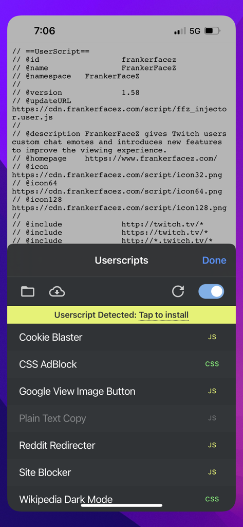 Userscripts - Interface de l'extension Safari Userscripts montrant les scripts de personnalisation Web détectés et installés