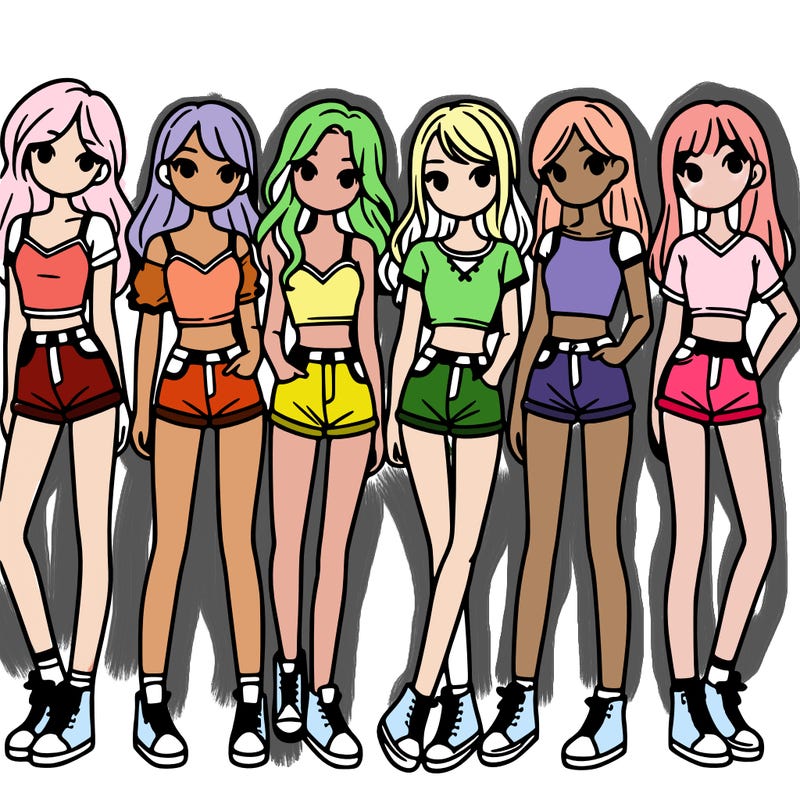 a group of girls wearing crop tops and shorts