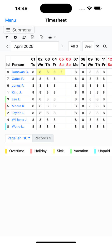 Nano Employee Timesheet - A mobile interface showing a color-coded monthly employee timesheet with names and daily work hours