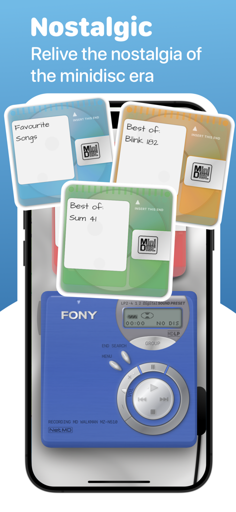 MD Player - MD Player App-Oberfläche mit einem blauen skeumorphen MiniDisc-Player und bunten digitalen Playlist-Discs