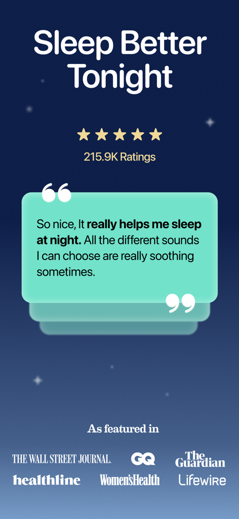 Screenshot of Bedtime Fan app showing a five-star rating, positive user testimonial, and media endorsements from major publications like the Wall Street Journal and Healthline.