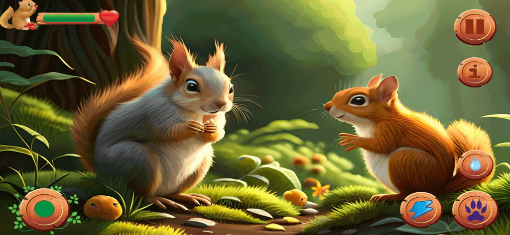Flying Squirrel Animal Game 3D - Two squirrels interacting in a lush green forest with mobile game UI buttons