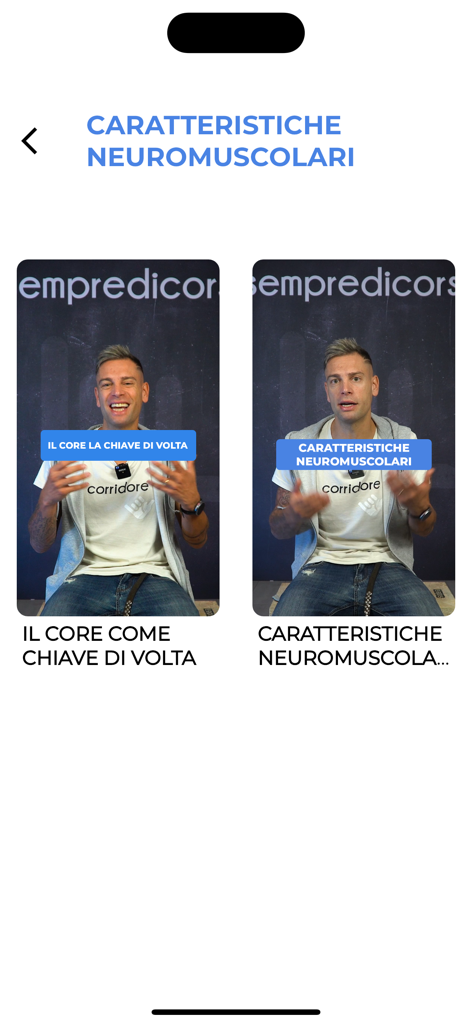 SempreDiCorsa - SempreDiCorsa app screen displaying video training tutorials on running form and neuromuscular characteristics by Lorenzo Lotti