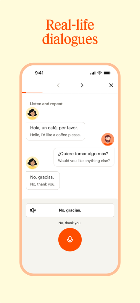 Écran de l'application Babbel présentant des dialogues interactifs en espagnol et la reconnaissance vocale