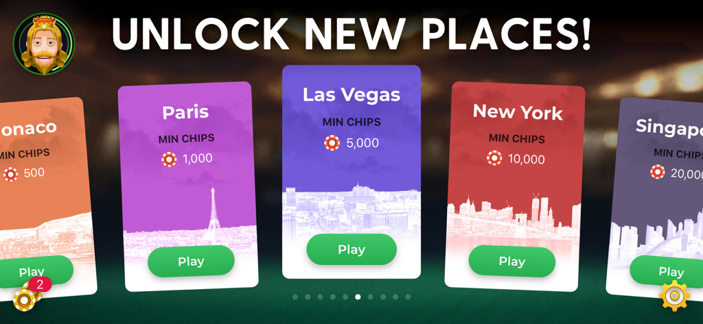 Blackjack - チップ要件とともに、ブラックジャックゲームでアンロックできるさまざまな都市の場所を示す画面