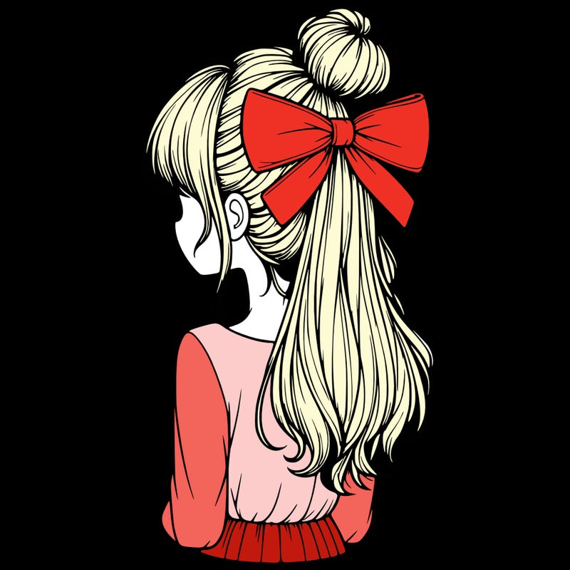 realistic girl  with hip length hair a bun and a big bow on the back of head