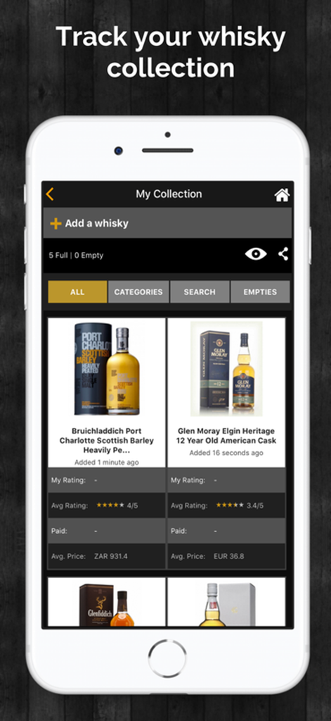 A smartphone displaying the Whizzky app My Collection screen featuring various whisky bottles with ratings and pricing information