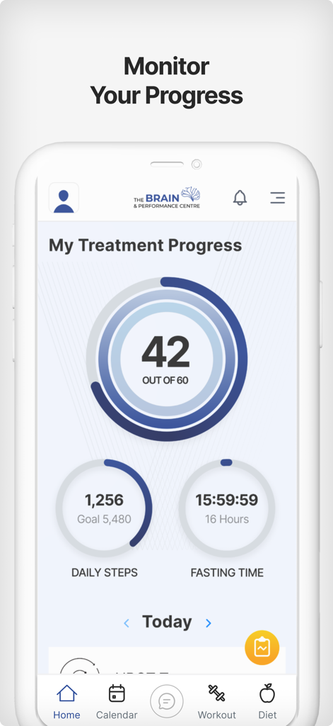 Brain & Performance Centre - Dashboard of the Brain and Performance Centre app showing treatment progress daily steps and fasting time