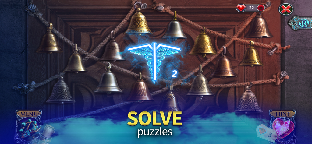 Kiss of the Night: F2P Mystery - Un puzzle de objetos ocultos con varias campanas colgando y un símbolo de caduceo azul brillante en una pared de madera.