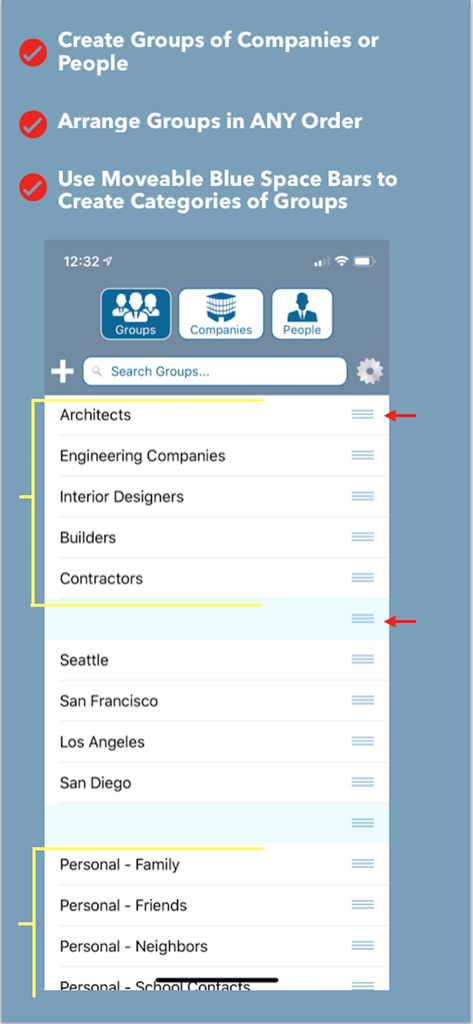 Captura de tela do aplicativo Contatos por Empresa mostrando grupos de contatos organizados por categorias da indústria e localizações de cidades com recursos de classificação personalizada.