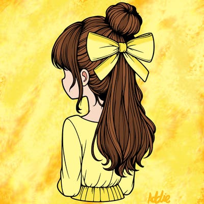 realistic girl  with hip length hair a bun and a big bow on the back of head