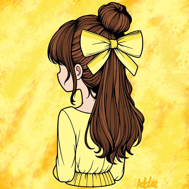realistic girl  with hip length hair a bun and a big bow on the back of head
