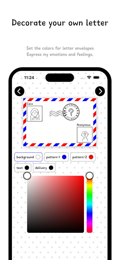 A mobile interface for customizing a digital letter envelope with various colors and patterns in the It's meee diary app.