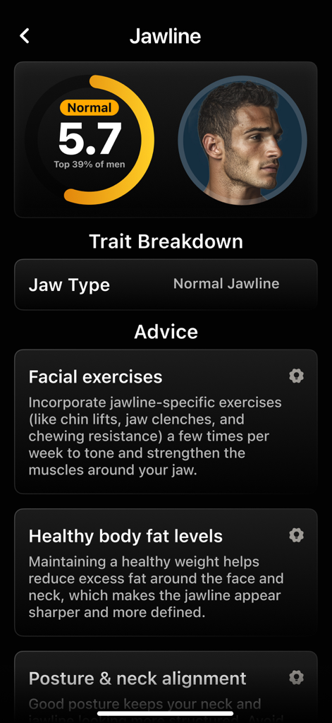 LooksMax Rating AI, Face Rater - Tela do aplicativo LooksMax AI mostrando uma pontuação de linha do maxilar de 5.7 com conselhos de melhoria personalizados.