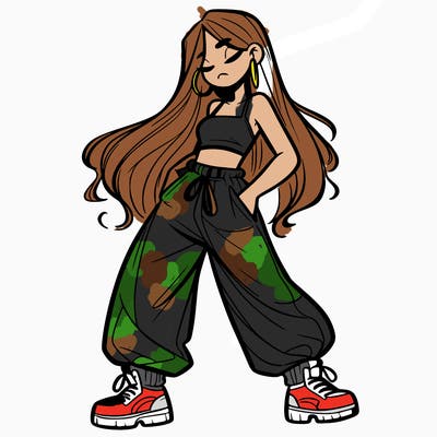 girl in baggy pants crop top and long hair