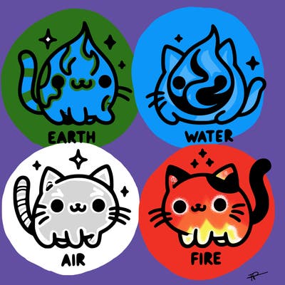 4 cats that represent the different elements, earth, water, air, and fire