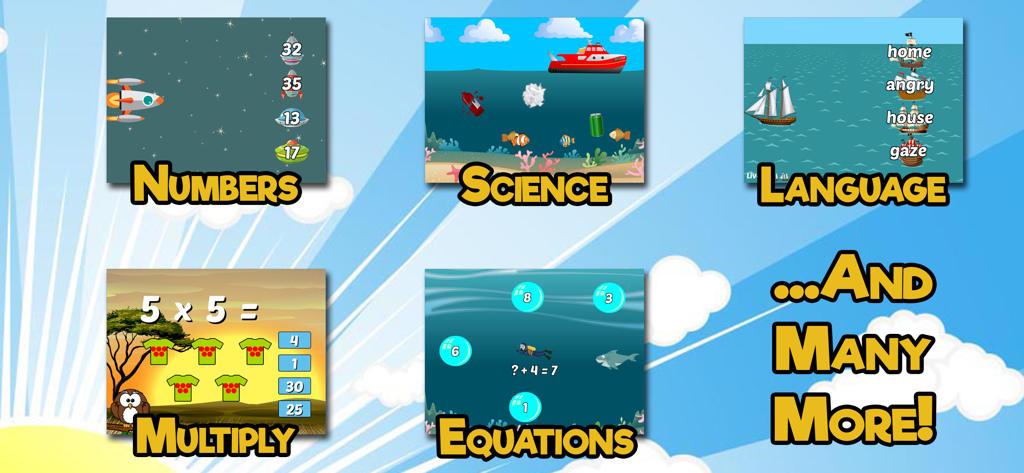 Collage of five educational mini games covering numbers science language multiplication and equations for second grade students