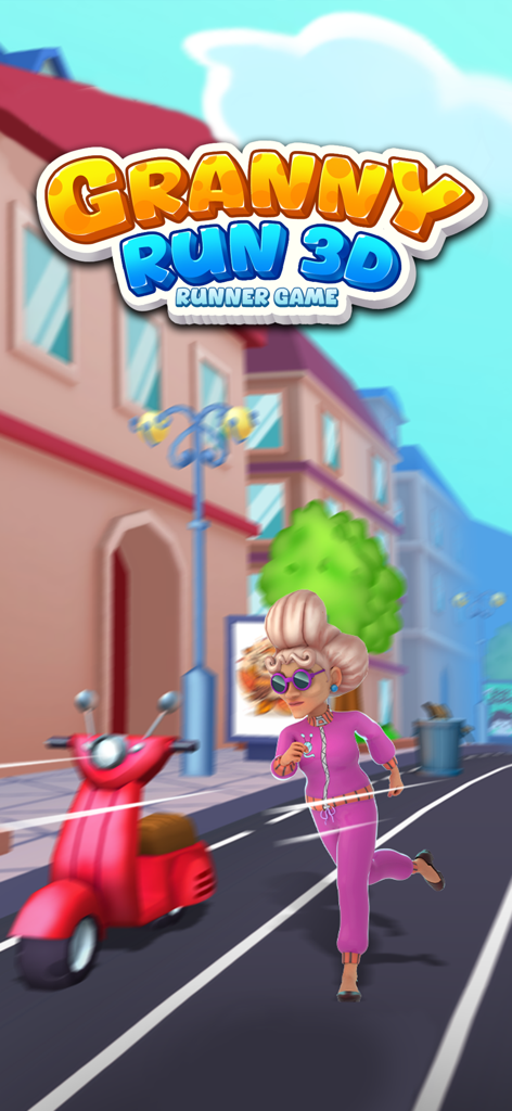 Granny Run 3D runner Game - A character named Granny in a pink tracksuit running through a city street in a 3D runner game next to a red scooter.