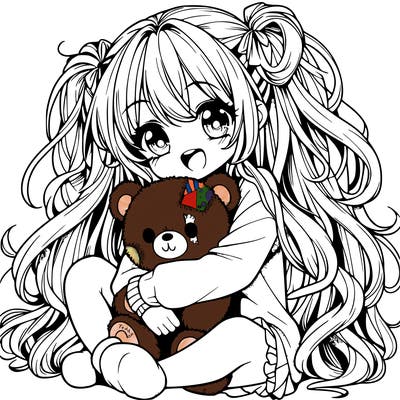 manga girl, long curly hair, happy, cuddling a teddy bear