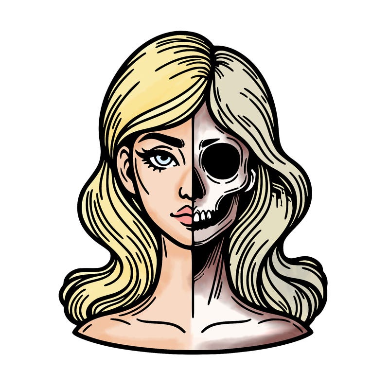 bust of a woman, half face and hair, half skull