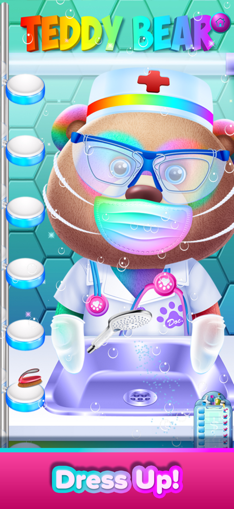 Play Toy & Pet Doctor - Un oso de peluche vestido de doctor con mascarilla y estetoscopio en un nivel de juego de limpieza y cambio de vestuario