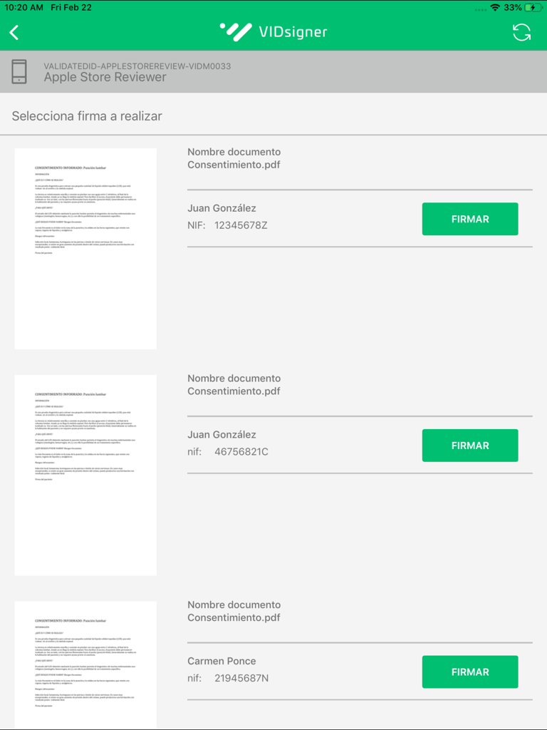 VIDsigner - A list of PDF consent forms pending signature on the VIDsigner iPad application interface.