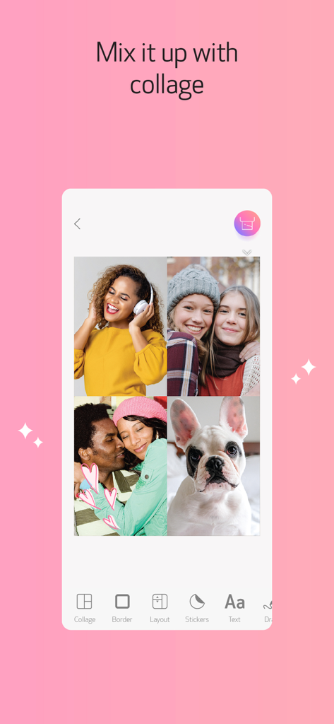 A screenshot of the Canon Mini Print app showing a photo collage feature with four images including friends a couple and a dog