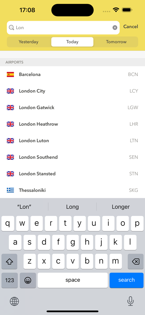 Search interface of the Schiphol app showing a list of London airports with their codes and flags.