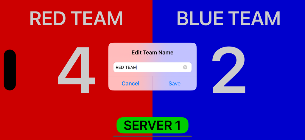 My PickleBall Scoreboard - Pickleball scoreboard interface with red and blue team sections and an edit name popup