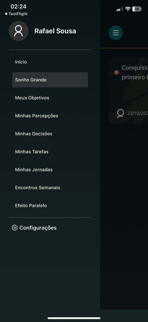 Marca Passosコーチングアプリのサイドナビゲーションメニュー。個人の成長カテゴリが表示されています。