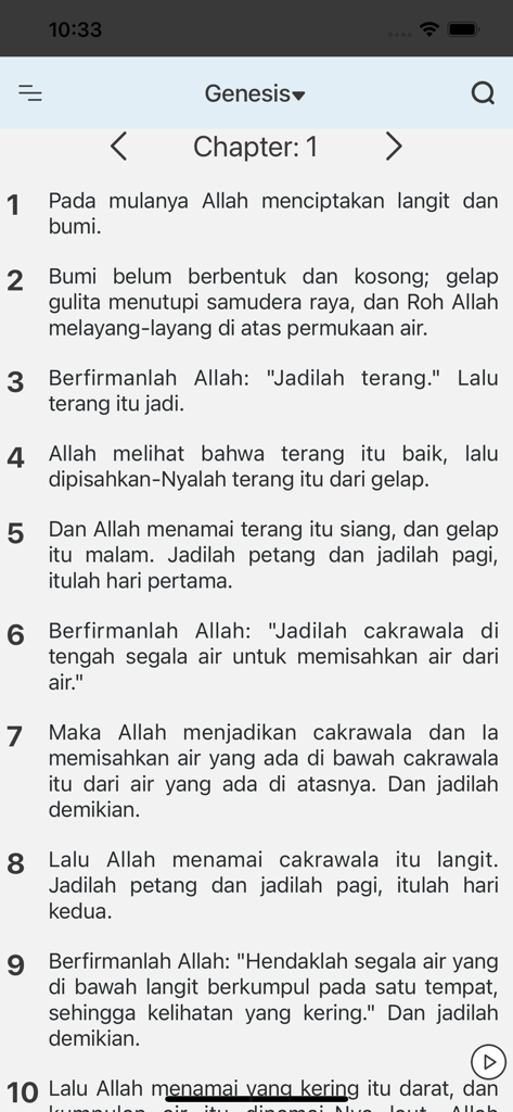 Alkitab Indonesian Bible - A screenshot of the Alkitab Indonesian Bible app displaying the text of Genesis Chapter 1 in Indonesian