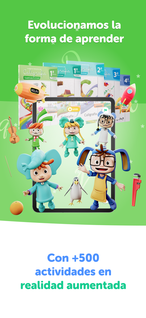 PleIQ - Caligrafía Interactiva - Gráfico promocional que muestra personajes 3D en una tableta y libros de caligrafía físicos utilizando realidad aumentada.