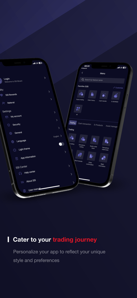 SSI iBoard Pro - Two iPhones displaying the SSI iBoard Pro app customization menu and trading favorites dashboard in a dark theme