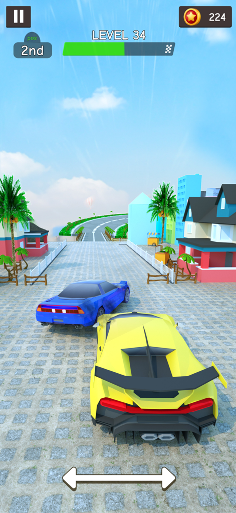 Mega Ramp Car: Stunt Car - A yellow stunt car and a blue car racing through a suburban neighborhood in the Mega Ramp Car mobile game