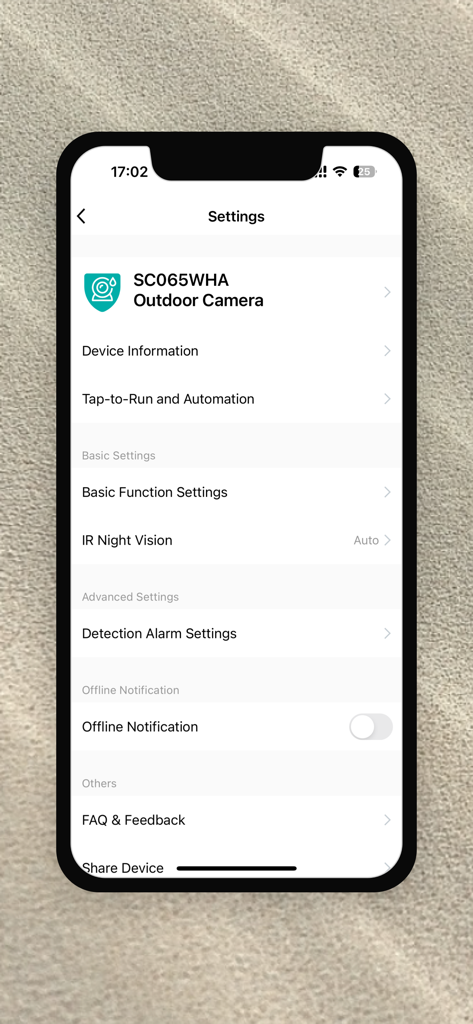 Settings interface for the SC065WHA Outdoor Camera in the Aurumbach Smart app showing various configuration options