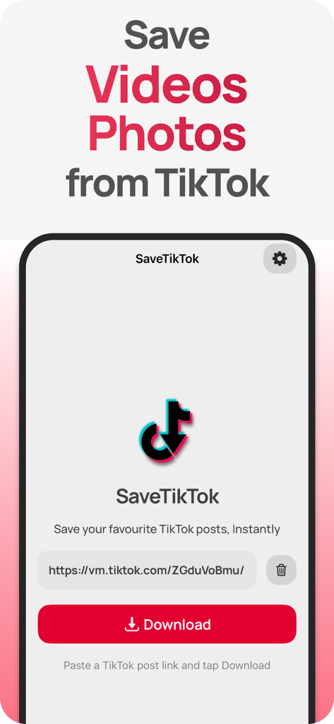SaveTikTok: Save Videos - 링크를 붙여넣고 비디오 및 사진을 다운로드하는 방법을 보여주는 SaveTikTok 앱의 모바일 인터페이스