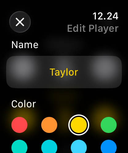 Stroke Counter for Golf - Oberfläche der Schlagzähler für Golf-App auf der Apple Watch, die die Bearbeitung des Spielernamens und die Farbauswahl zeigt