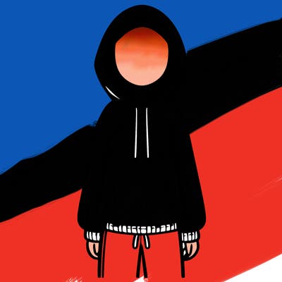 faceless girl in a tracksuit with a hood on and no hair