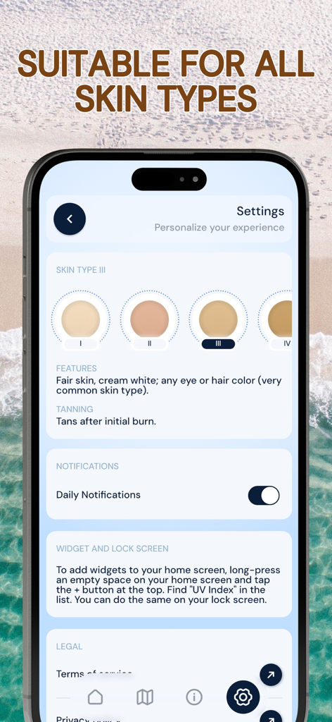 UV Index - Tan Widget - La pantalla de configuración de la aplicación Índice UV - Widget de Bronceado que muestra la selección del tipo de piel basada en la escala de Fitzpatrick para una protección solar personalizada.