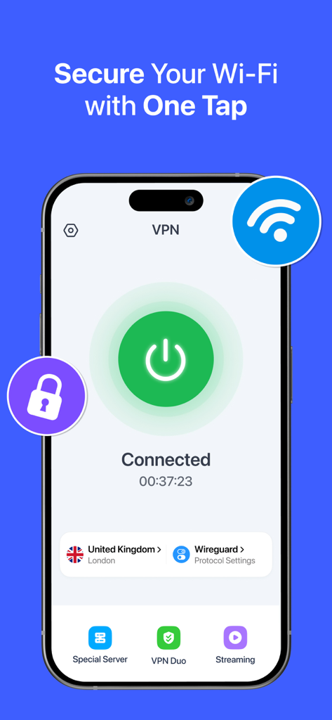 VPN for iPhone app interface showing a successful connection to a London server with one tap.