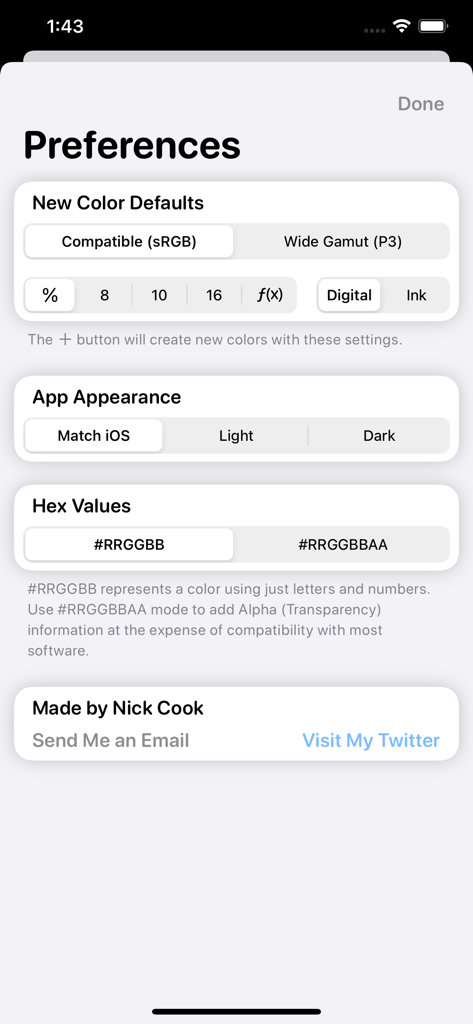 Schermata delle preferenze di Color Pro Picker che mostra le impostazioni per la gamma cromatica, la profondità di bit e i formati dei valori esadecimali.