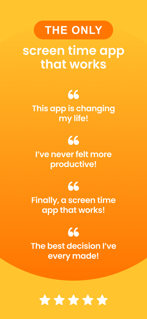User testimonials for the BePresent screen time app showing positive feedback and a five star rating.