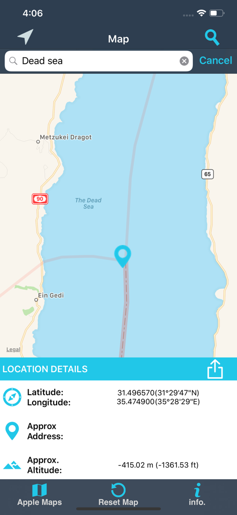 Find My Location details - Mobile app interface showing the map of the Dead Sea with latitude longitude and altitude details