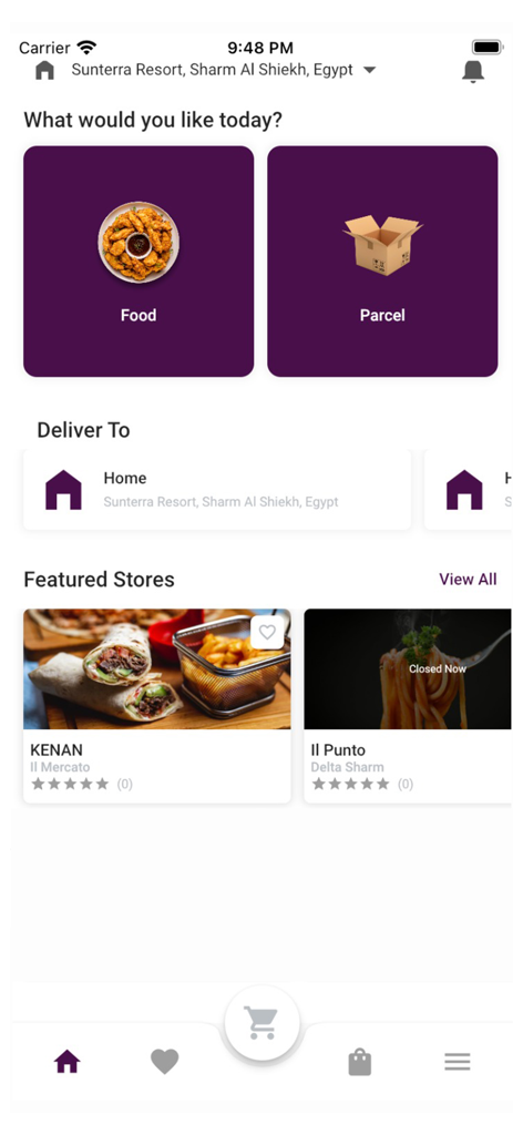 Home screen of the Bringit Egypt mobile app featuring food and parcel delivery options in Sharm el Sheikh