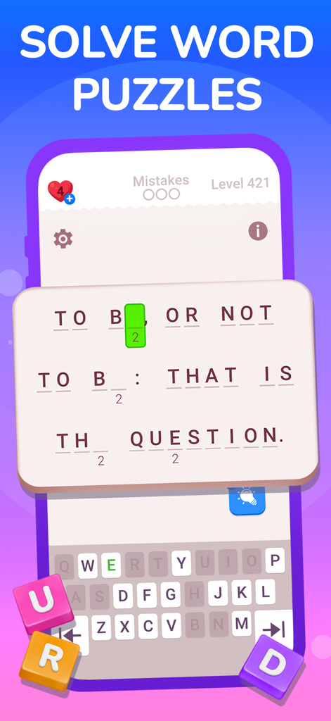 Cryptogram: Word Brain Puzzle - Una pantalla móvil que muestra un puzzle de criptograma con la famosa cita de Shakespeare Ser o no ser