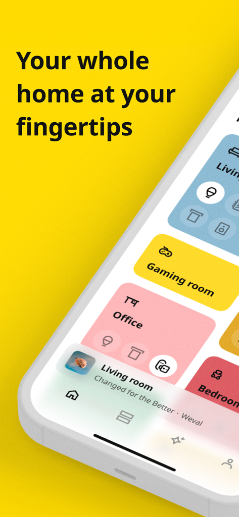 IKEA Home smart - スマートフォン画面にカラフルな部屋コントロールタイルが表示されたIKEA Home smartアプリのインターフェイス