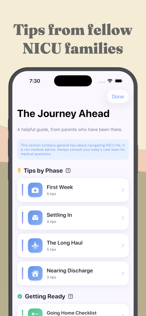 Roo: A NICU Companion App - Interfaz de la aplicación Roo que muestra una guía con consejos de familias de la UCIN organizados por fases de estancia