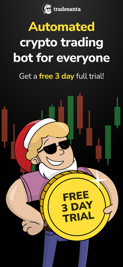 TradeSanta: Crypto Trading Bot - Promotional banner for TradeSanta automated crypto trading bot featuring a three day free trial offer